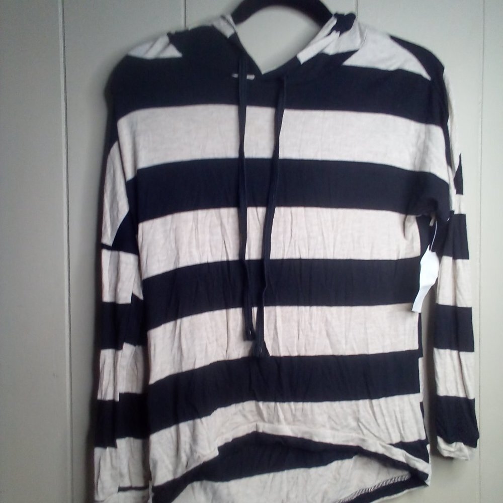 Blushed Blouse S Long Sleeve Hood Stripe Black Tan